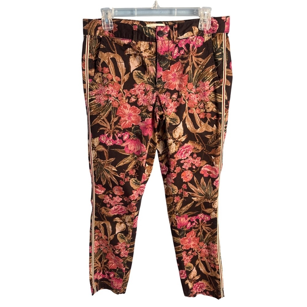 Anthropologie Chino Relaxed Floral Side Stripe Pants Black Pink Tropical 29